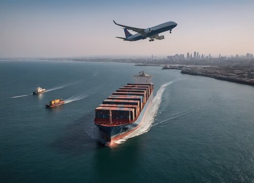 Large ships transport cargo and carry large amounts of containers. Sea shipping by cargo ship. Concept. International. Export-import business, logistics, transportation industry