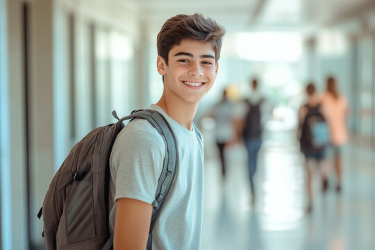 Portrait of smiling young male student with a backpack walking in the school hallway,  back to school concept, copy space for text 