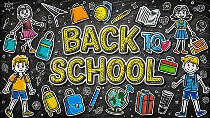 Obraz premium Back to school. Children going to school with backpacks on colorful background. Pattern school