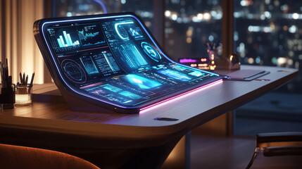 A smart office desk with integrated screens and holographic displays.