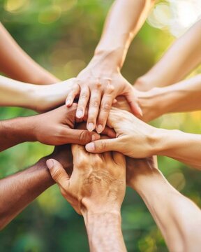 Diverse group of people joining hands in circle, symbol of teamwork and unity