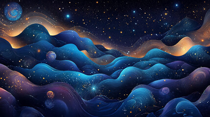 Abstract cosmic landscape with swirling galaxies and stars