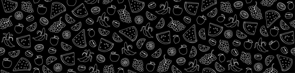 Seamless background with contour drawings of fruits. Endless background with drawings of apples, grapes, oranges, watermelon slices, lemons and bananas. Line drawings. Summer vector banner