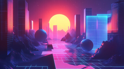 Abstract digital landscape with neon grids and floating shapes