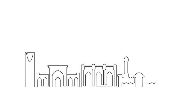 Animated self drawing of Thaif skyline video design illustration. Modern city in Saudi in simple linear style video design concept. Big city in Saudi. Iconic architectural skyline building design.