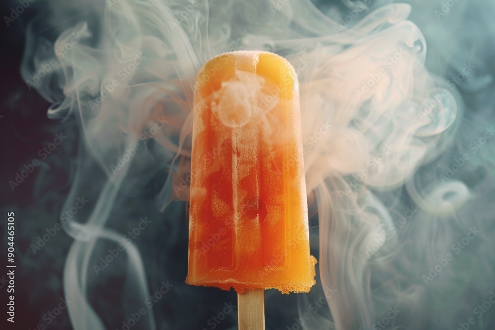 Poster a close-up shot of a popsicle on a stick surrounded by smoke, perfect for use in illustrations about