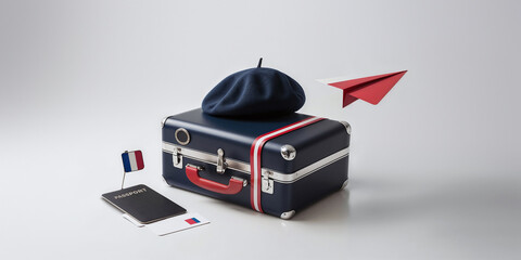 Minimalist 3D cartoon rendering with France theme - Beret under Blue suitcase isolated on white background with passport and boarding pass. International vacation travel concept.