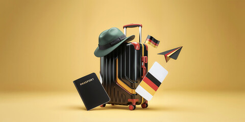 Minimalist 3D cartoon rendering Germany theme with black suitcase and travel accessories with passport, boarding pass and traditional bavarian hat. International vacation travel concept.