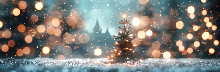 Naklejka premium Winter Wonderland Sunset With Snowfall and Glowing Lights in Forest Clearing