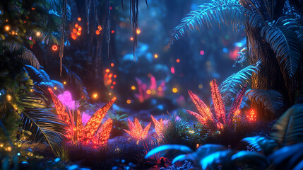 Alien jungle with strange plants and glowing fauna