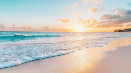 Serene beach at sunrise with gentle waves and soft sand