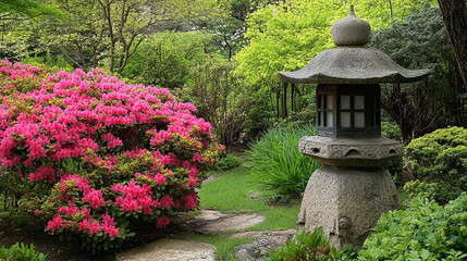 Serene garden with a stone lantern and blooming azaleas