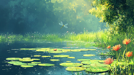 Serene marshland with lily pads and dragonflies