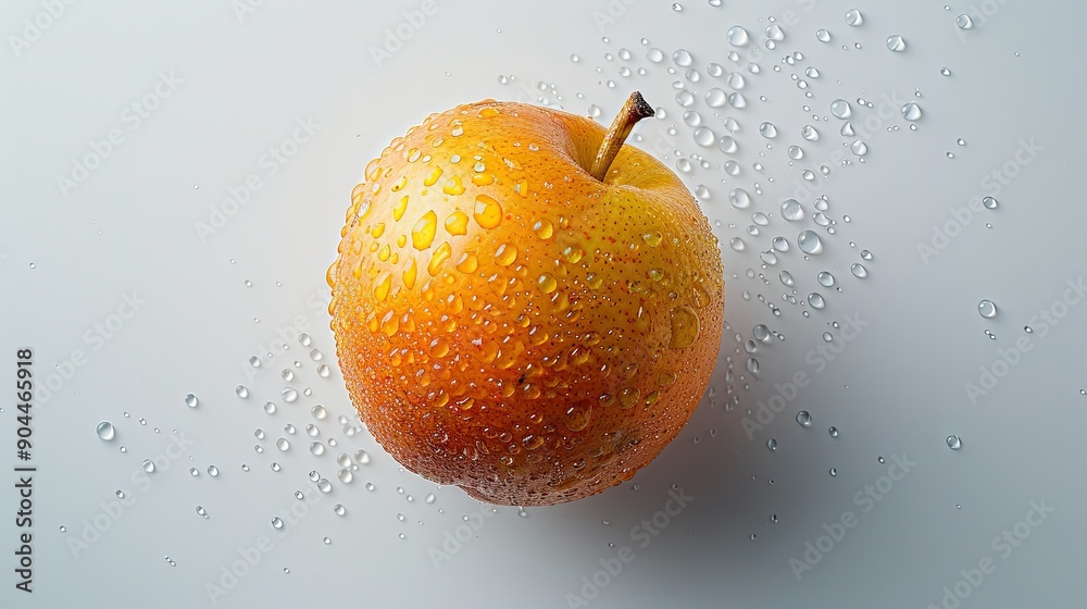 Poster fresh pear covered in water drops displayed from above on a light background