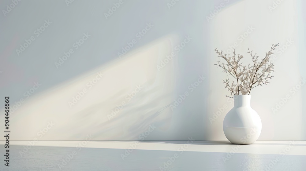 Poster sleek and minimalist indoor setting featuring a simple white vase with dried branches