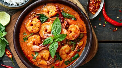 Authentic Thai Red Prawn Curry Served in a Rustic Bowl With Fresh Ingredients