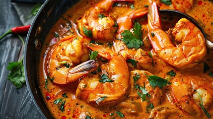 Delicious Thai Red Prawn Curry Being Served in a Traditional Kitchen Setting