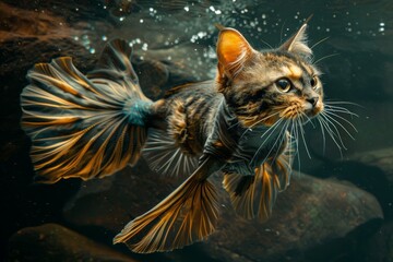 A realistic image of a cat swimming underwater with lifelike fish fins, showcasing a fascinating blend of feline and aquatic features with detailed textures and lighting.
