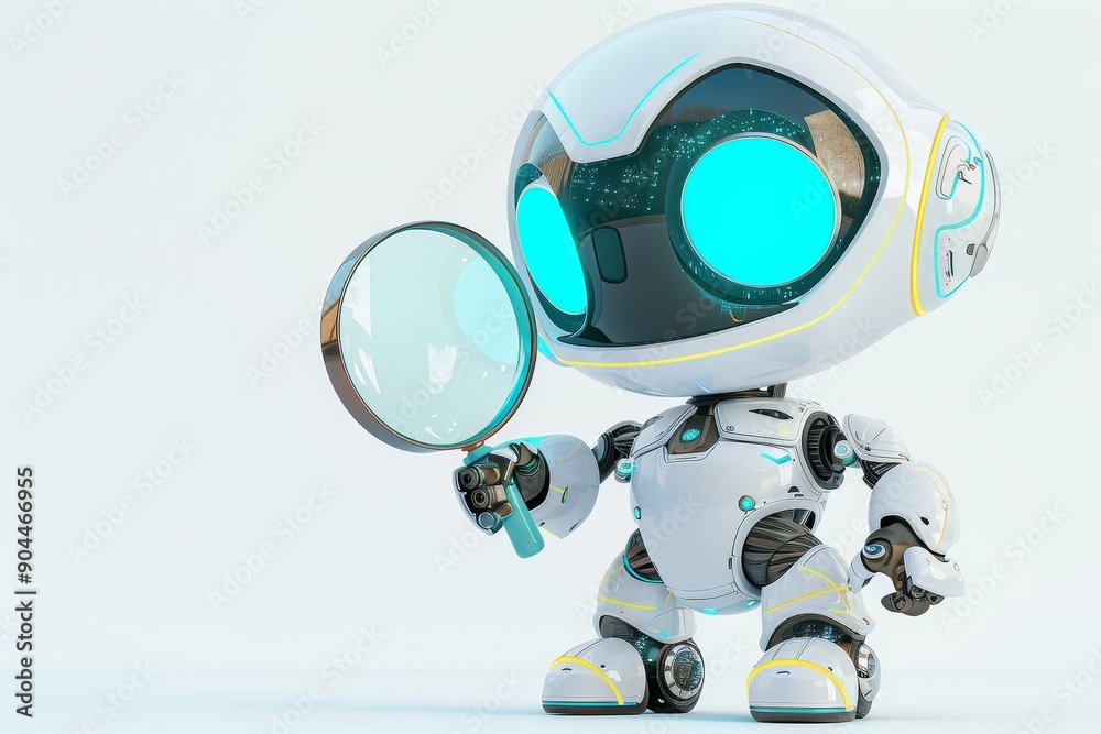 Aufkleber round futuristic robot holding a magnifying glass, symbolizing exploration and curiosity in the fiel