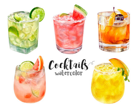 A Vibrant and Colorful Watercolor Cocktails Collection Featuring Various Amazing Drinks