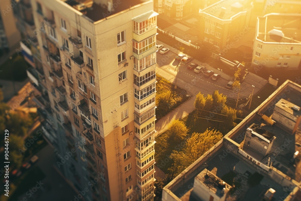 Poster aerial view of a tall building in a cityscape, ideal for urban planning or architecture projects
