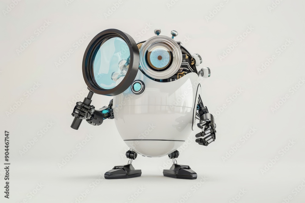 Aufkleber Small robot holding a magnifying glass, symbolizing curiosity and the exploration of technology and artificial intelligence in a futuristic context, Generative AI