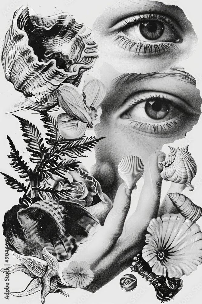 Poster a close-up illustration of a woman's eyes in monochrome, suitable for use in editorial or design con