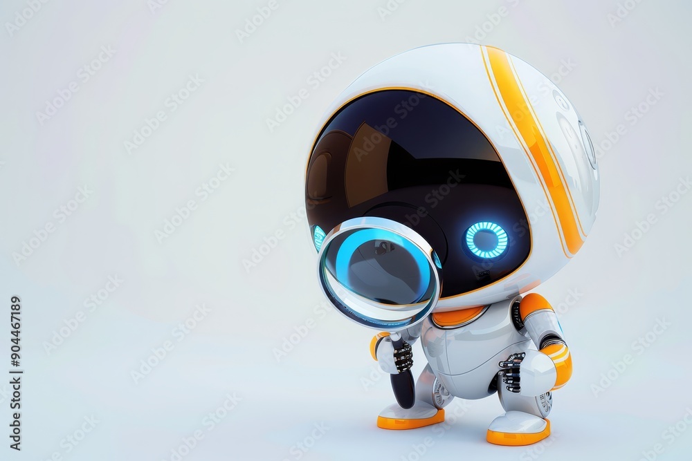 Poster Futuristic robot holding a magnifying glass, exploring the realms of technology and artificial intelligence with a curious and innovative approach, Generative AI