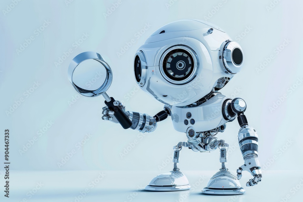 Poster Small robot holding a magnifying glass, symbolizing curiosity and the exploration of technology and artificial intelligence in a futuristic context, Generative AI