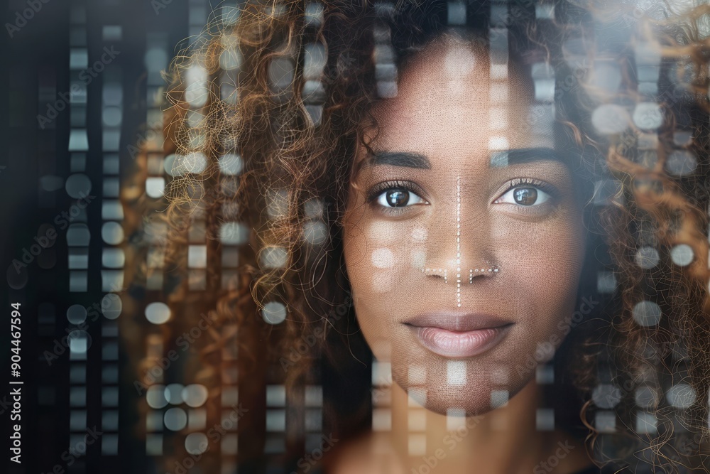 Poster portrait of a woman surrounded by digital data streams, symbolizing the fusion of technology, inform