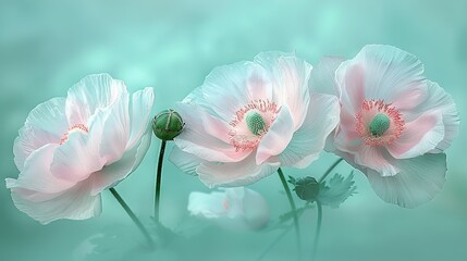   A cluster of pink blossoms resting against one another on a dual blue-green canvas with a smoky backdrop