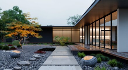 Obraz premium Modern House Surrounded by Lush Gardens at Twilight