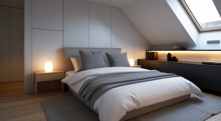 Modern Bedroom With Skylights and Cozy Atmosphere at Night