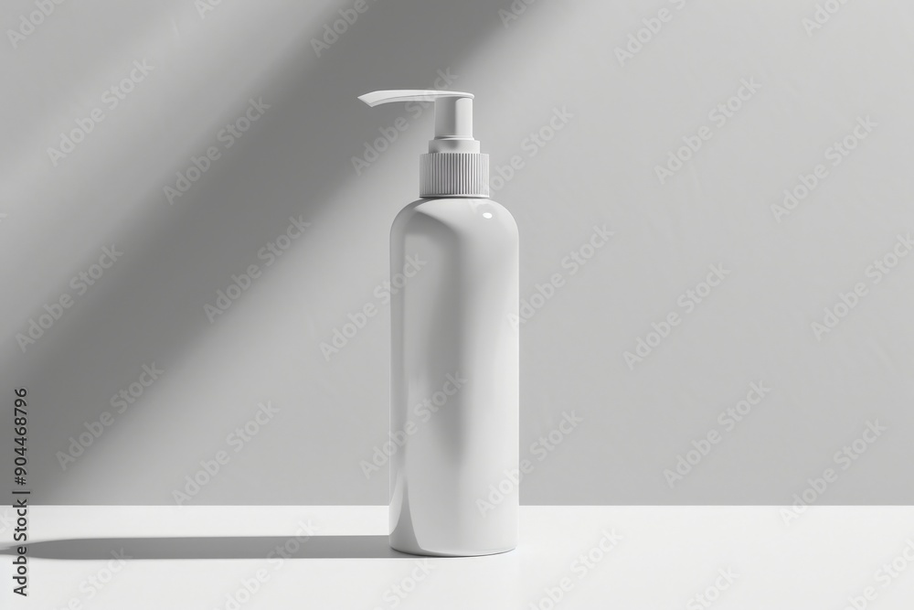 Leinwandbilder a plain white plastic bottle with a pump dispenser stands on a white surface with a shadow cast to t