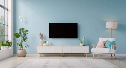 Modern Living Room With Teal Walls and Minimalist Furniture in Daylight