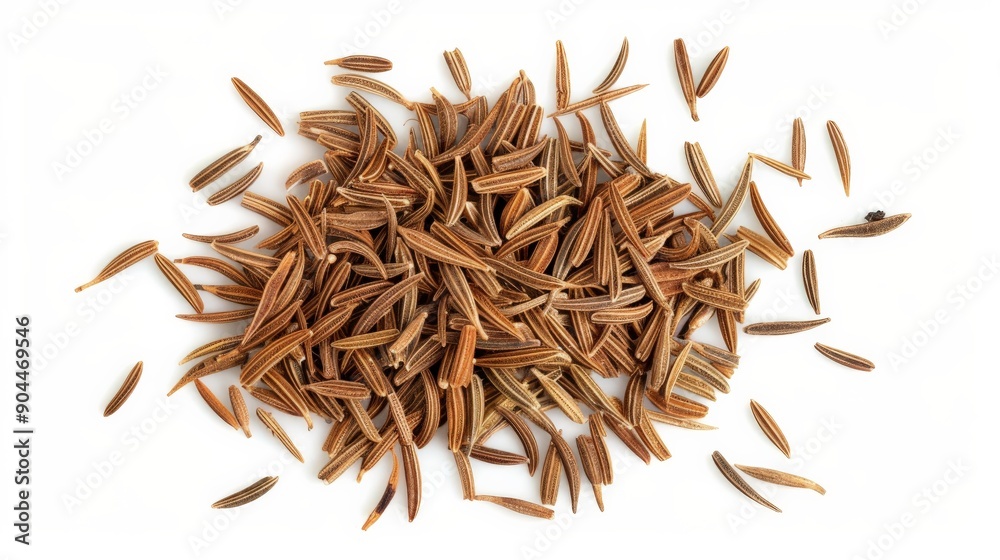 Poster a close-up shot of a heap of cumin seeds, highlighting their fine lines, rich color, and natural tex