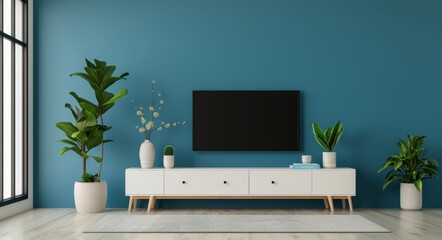Modern Living Room With Teal Walls and Minimalist Furniture in Daylight