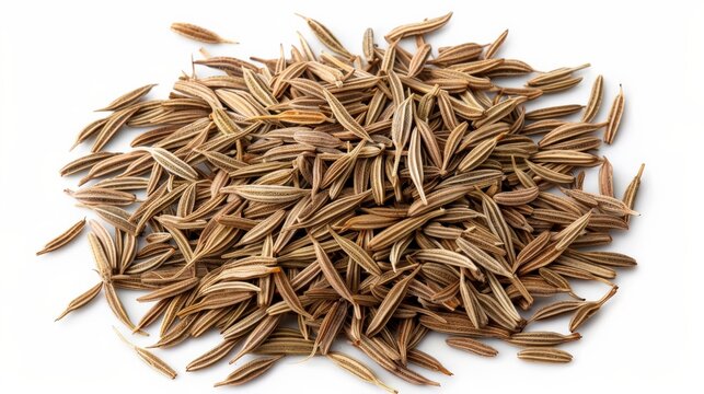 This vivid image showcases a small pile of cumin seeds scattered brilliantly, offering a glimpse of their intricate texture and rich, earthy color.