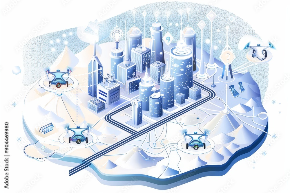 Poster futuristic cityscape featuring drones and advanced infrastructure, illustrating the integration of t