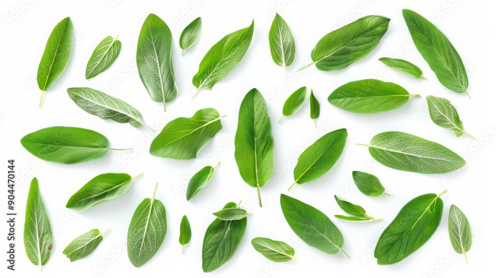 Poster a diverse collection of green leaves of different shapes and sizes arranged on a white background, s