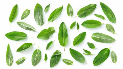 Naklejka premium A diverse collection of green leaves of different shapes and sizes arranged on a white background, suitable for nature and botanical themes.