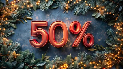 Unique Holiday Decor Display Featuring Fifty Percent Discount Promotion Surrounded By Evergreen Foliage With Warm Lights 50%