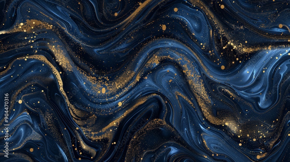 Aufkleber This abstract image displays flowing dark blue and gold marble-like patterns, creating a sophisticated, elegant visual with dynamic curves and sprinkled gold elements on a dark background.
