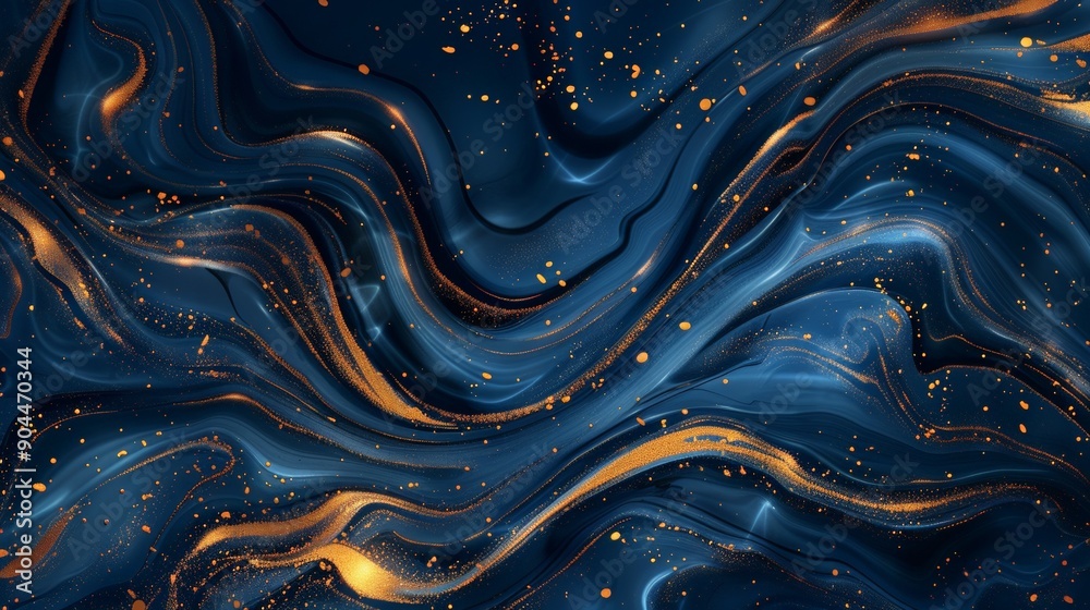 Poster This artistic image features an abstract dark blue marble pattern with flowing curves and gold-sprinkled accents, creating an elegant and dynamic visual suitable for modern design.