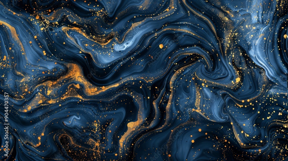 Poster the image showcases swirling dark blue and gold marbling patterns, creating a striking and elegant a