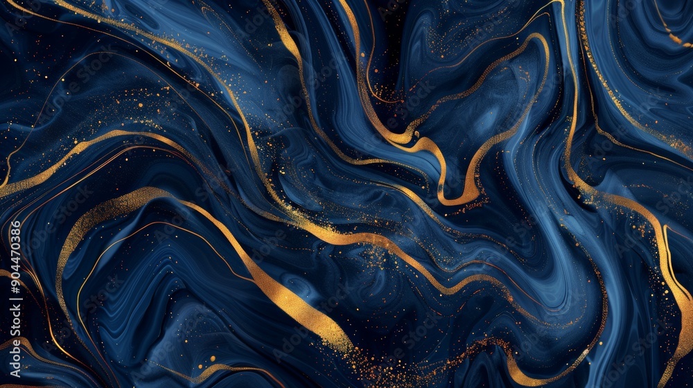 Poster This image features dynamic gold streaks on a deep blue swirling abstract background, evoking a sense of movement and energy through a captivating blend of contrasting colors.