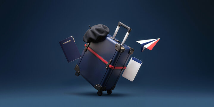 3D cartoon minimalist France themed rendering with dark blue wheeled suitcase, paper plane, beret, passport and boarding pass. International vacation travel and tourism concept.