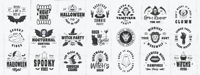 Vintage Halloween logo set. Halloween related emblems set. Halloween signs set for poster, emblem, party invitation designs. Print for t-shirt, tee. Vector illustration