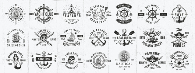 Vintage Marine, Sea logo set. Nautical related emblems set. Pirates, Naval emblems templates. Vector illustration