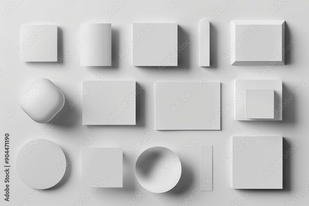 Poster collection of white boxes and cubes arranged on a white surface